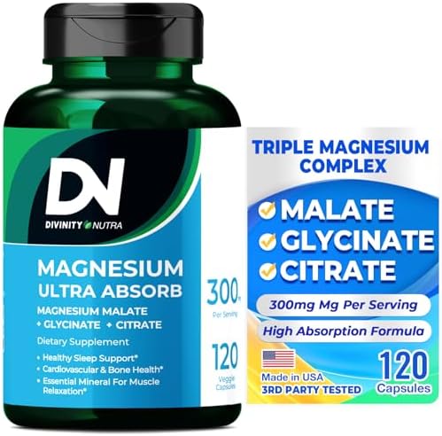 Divinity Nutra Triple Magnesium Complex Supplement,300mg of Magnesium Glycinate, Malate & Citrate for Muscles, Nerves, & Energy, High Absorption, 120 Vegan Capsules,Non-GMO USA Made