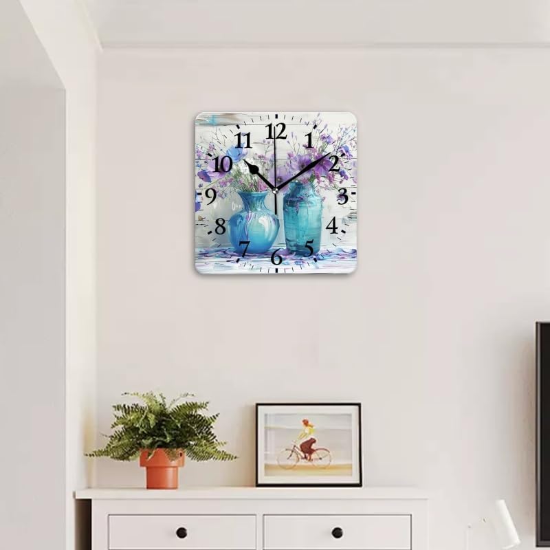 Quartz Wall Clocks Non-Ticking Silent Battery Operated Modern Wall Clocks Decorative for Home,Bedroom-Vases of Purple and Blue Flowers On White Wooden Background(16inch)