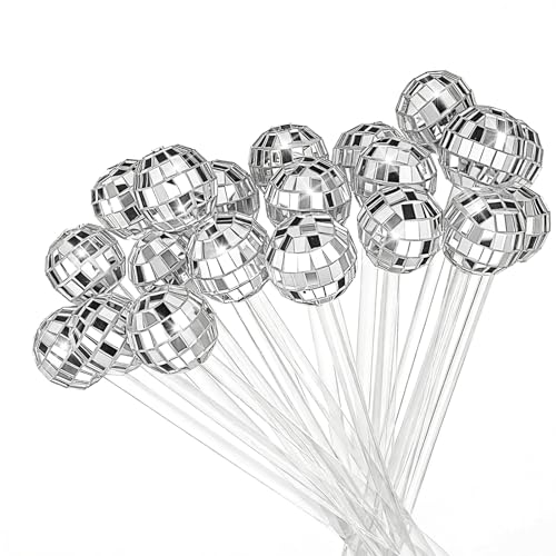 72 Pcs Disco Balls Cocktail Stirrers Plastic Round Top Swizzle Sticks Mirror Disco Ball Stir Sticks Decorative Straws Drink Stirrers for 70s 80s Theme Party Home Bar Coffee Shop Wedding (Silver)