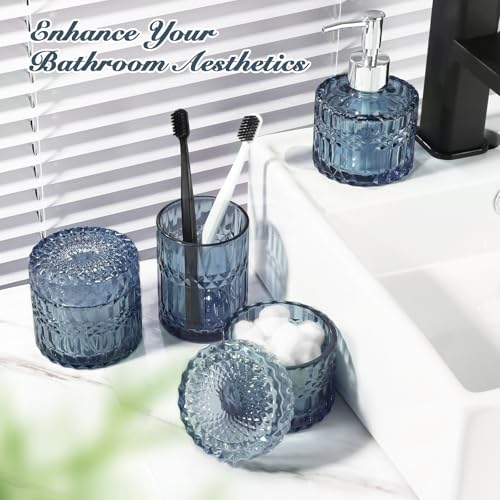 Blue Bathroom Accessories 4Pcs, Diamond Glass Bathroom Accessory Set, Bathroom Set with Soap Dispenser, Blue Bathroom Decor with Toothbrush Holder, Qtip Holder for Bathroom, Countertop - Image 3