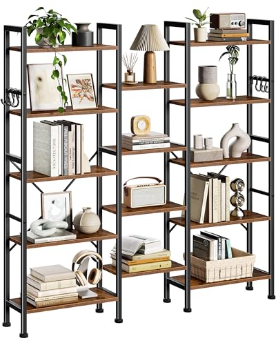 Furologee Triple Column 5 Tier Bookshelf, Large Bookcase with 14 Display Shelves, Adjustable Book Shelf with 6 Hooks, Rustic Bookshelves Storage Organizer, Shelving Unit for Living Room, Bedroom