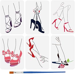 FINGERINSPIRE 6 Pcs High Heel Painting Stencil with Brush 8.3x11.7inch Creative Women's Fashion Leg Silhouette Drawing Template Lady High Heel Close-up Stencil for Painting on Wood Wall Furniture