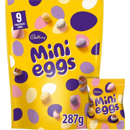 Cadbury Mini Eggs Pouch, Crunchy Shells with Smooth Milk Chocolate Centres, Gift for Easter & Easter Egg Hunts, Includes 9 Treatsize Bags, 287 g (Pack of 1)
