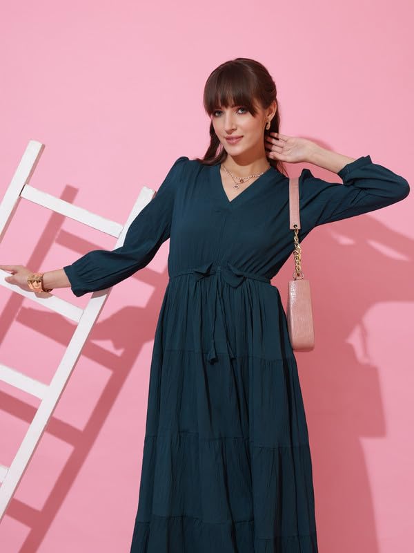 Image of Honky Tonky Women's Casual 3 /4 Sleeve Crepe Fit and Flare Dress| Comfortable Relaxed Fit Summer Party Dress