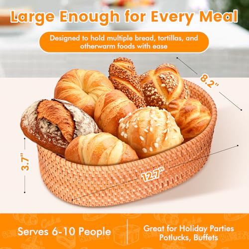 Extra Large Bread Basket with Warming Stone and Cloth - Terra Cotta Warmer, 12.7*8.2 Oval Basket - Ideal Gifts for Hostess, Housewarming, Baker, Christmas - Image 4