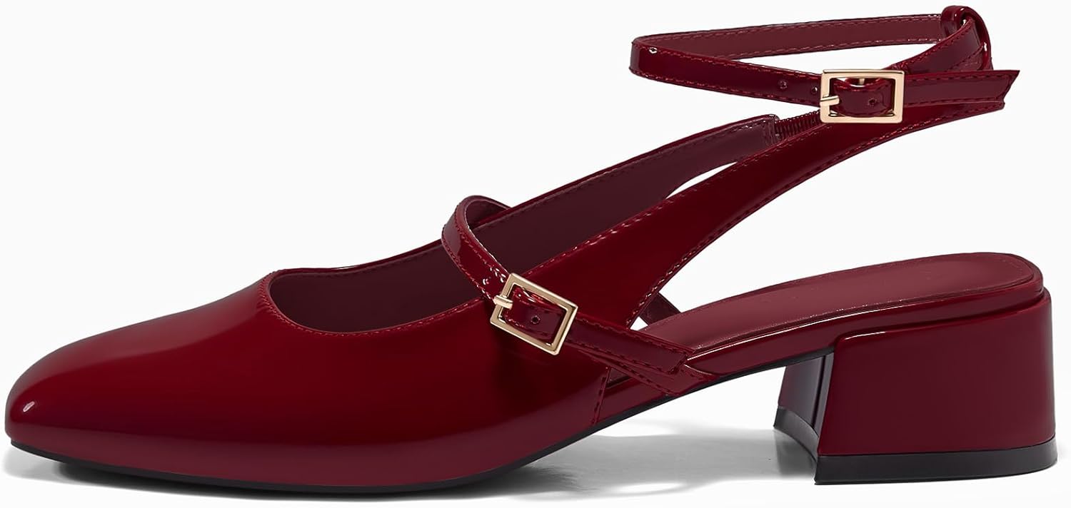 Coutgo Womens Mary Jane Chunky Low Heels Closed Square Toe Ankle Strap Pumps Wedding Party Dress Shoes - Image 4