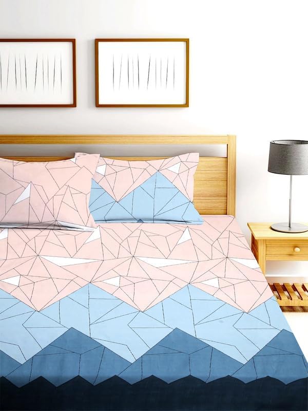 Image of la' amour 100% Cotton Feel Flat Printed Double Bedsheets with 2 Pillow Covers | Double Bed Breathable | Wrinklefree | Ultrasoft 220 TC Supersoft | 90 x 90 Inches, 7X7.5 Feet | Beige & Blue| TC - 180