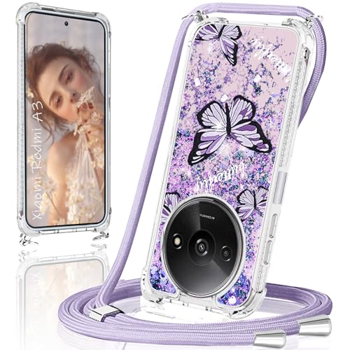XCYYOO Cover Viola Glitter con Cordino per Xiaomi Redmi A3,[Con Motivo Farfalla Viola] Case Antiurto TPU Transparente con Ciondolo Regolabile Laccio per Xiaomi Redmi A3 Tracolla Catena Custodia