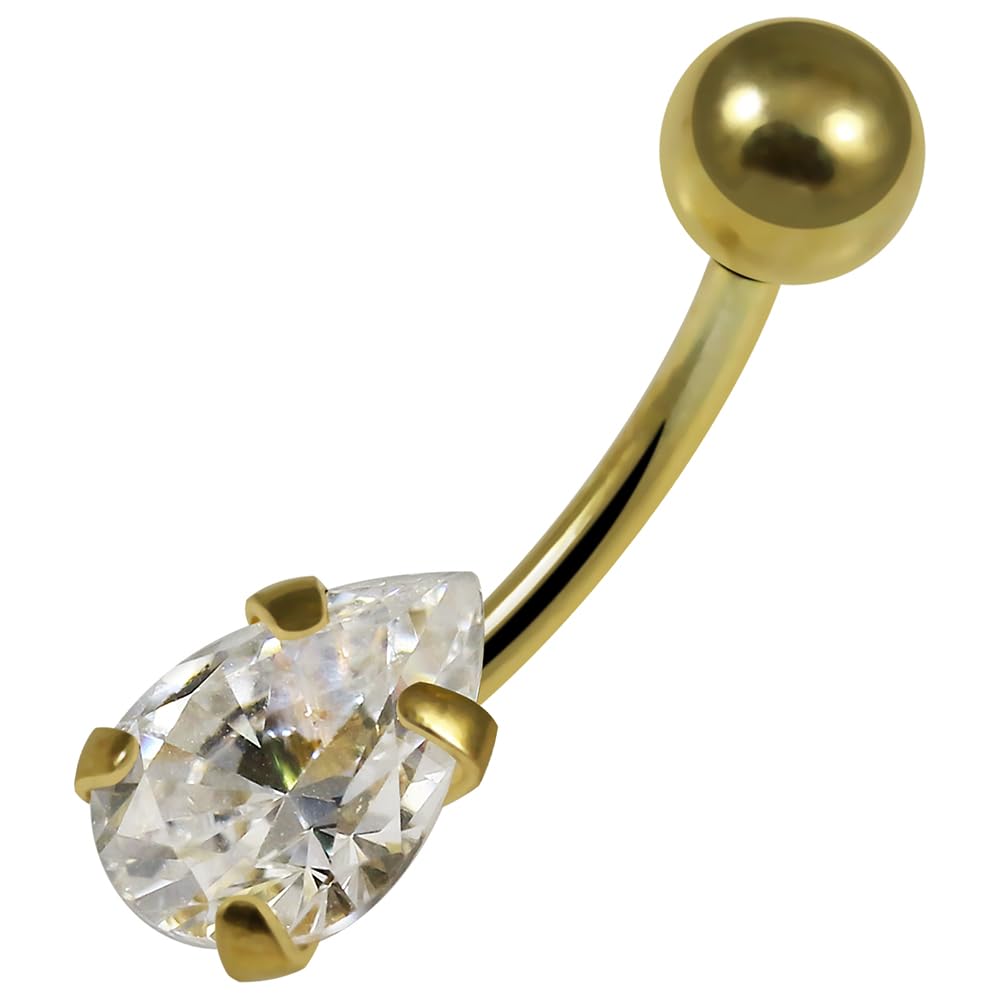 Piercing para ombligo de oro amarillo macizo de 14 quilates, calibre 16, con forma de lágrima, calibre 16, joyería para ombligo, anillos curvados de oro, 16 Gauge ( 1.2mm ), Circonia