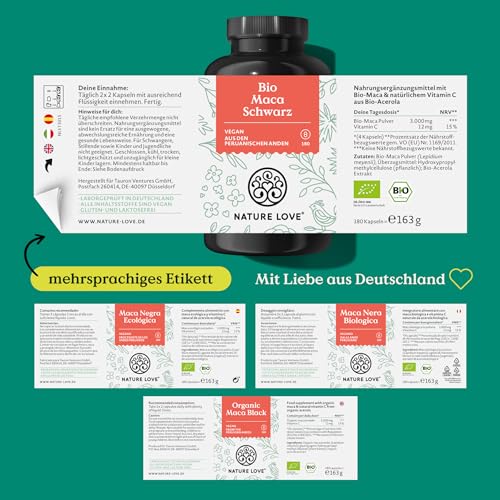NATURE LOVE® Bio Maca Kapseln (schwarz) - 3000 mg je Tagesdosis - 180 Kapseln - Mit natürlichem Vitamin C - Ohne Magnesiumstearat, Zertifiziert Bio, hochdosiert, vegan, in Deutschland produziert