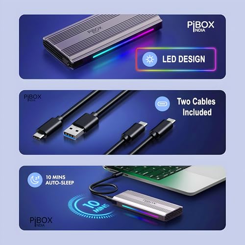 PiBOX India M2 LED Enclosure - Tool-Free M.2 NVMe Case, PCI-E NVMe Reader, USB 3.2 10Gbps, USB-C, Supports M & B&M Keys, 2230/2242/2260/2280 SSDs, REALTEK RTL9210 Chipset
