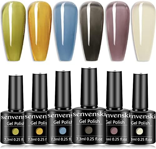 senvenski Jelly Crystal Gel Nail Polish Translucent Sheer Clear White Milky Green Orange Blue Purple Black 6 Colors Gift Soak Off UV LED Manicure Art Varnish Kit Set (BT6-001)