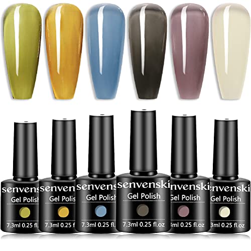Senvenski Jelly Crystal Gel Nail Polish Translucent Sheer Clear White Milky Green Orange Blue Purple Black 6 Colors Gift Soak Off Uv Led Manicure Art Varnish Kit Set (Bt6-001) #TOP6