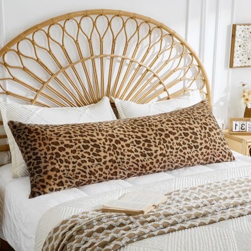 LHAIFA 20x54 Fluffy Leopard Print Body Pillow Cover Cheetah Print Plush Fuzzy Faux Fur Body Pillow Pillowcase with Zipper Farmhouse Shaggy Furry Long Pillow Cover for Bed Couch