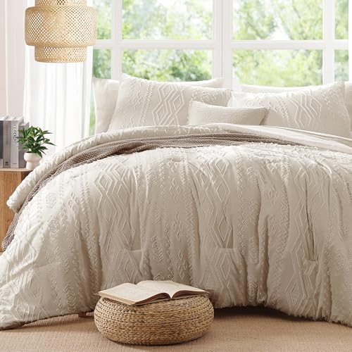 Image of AMBERSPACE Full Size Comforter Set Beige, Tufted Boho Bedding Farmhouse Bed Set, All Season 7 Pieces Bed in a Bag with Sheets, Pillowcases & Shams