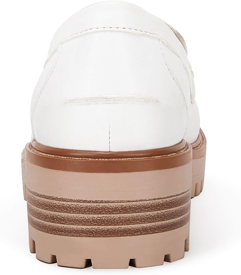 VETASTE Womens Lug Sole Platform Mid Chunky Heel Loafers Classic Round Toe Slip On Office Uniform Oxfords Shoes with Metal Chain - Image 5