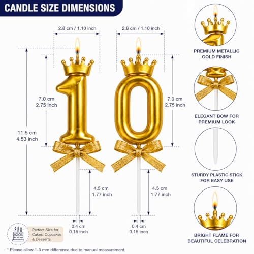 Image of Number Candles with Crown 3 inch for Birthday Parties, Wedding, Engagement, Celebrations, Theme Party, Bridal Shower, Bachelorette, Bachelors Decoration Gold (Numerical No 10)