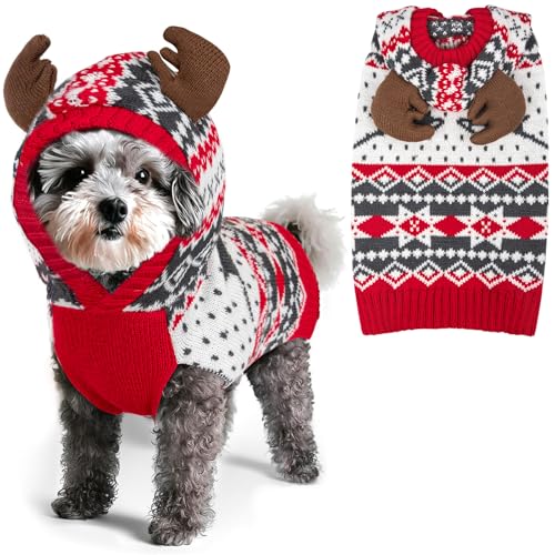 KYEESE Dog Christmas Sweater, Warm Dog Sweater for Small Dogs Boy Girl with Reindeer Antler Hood, Classic Winter Knitwear with Leash Hole, Soft Stretchy Fabric, Cozy Pet Clothes, Small