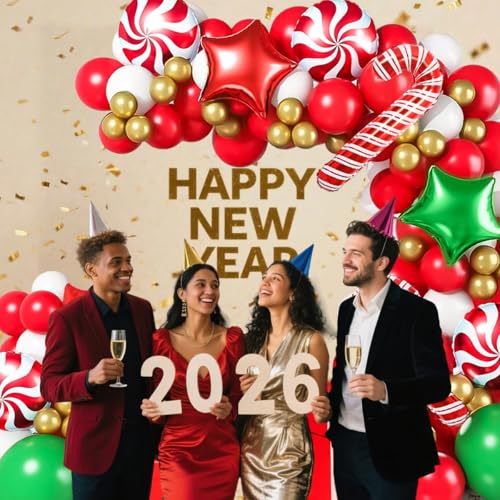 129Pcs Christmas Balloon Garland Arch Kit, Red Green White Gold Balloons with Candy,Red Star, Green Star, Cane Foil Balloons for New Year Xmas Party,Birthday,Baby Shower Decorations - Image 7