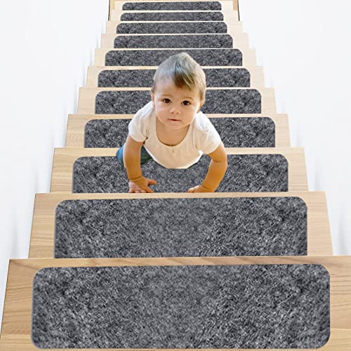 14Pcs Stair Tread Mats Non-Slip Self-Adhesive Stair Pads, 55 * 20CM Floor Stair Carpets treads Non Slip Rectangular Rug, Solid Wood Stair Mat Safety Washable Rug for Kids Elders and Pets(Dark grey)