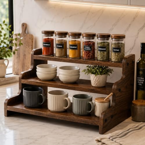 Image of SAFAK 3 Tier Wooden Kitchen Organizer Rack for Countertop | Wooden Spice Rack Stand for Kitchen Counter | Kitchen Shelf Organizer & Cabinet Shelf Riser | Decorative Masala Rack Storage Stand | Dark