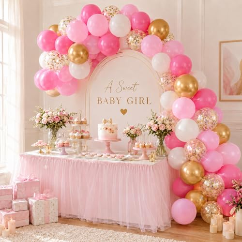 Image of Pink and Gold Balloons 60PCS Pink White and Gold Balloon Set, 12 Inch Metallic Golden Confetti Latex Balloons for Women Girls Birthday Baby Shower Bridal Shower Wedding Princess Party Decor