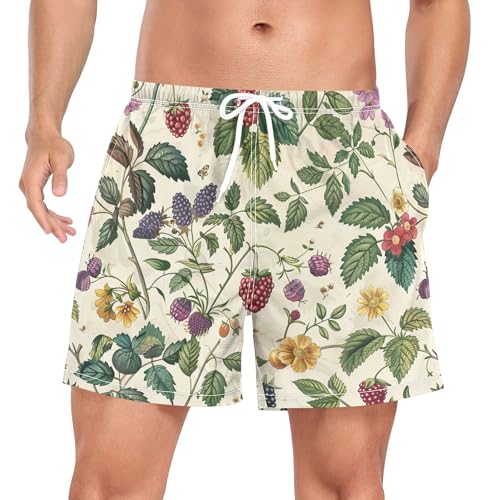 xigua Wild Berries and Flowers Mens Swim Trunks with Liner, 5 inch Quick Dry Mens Boardshorts for Beach