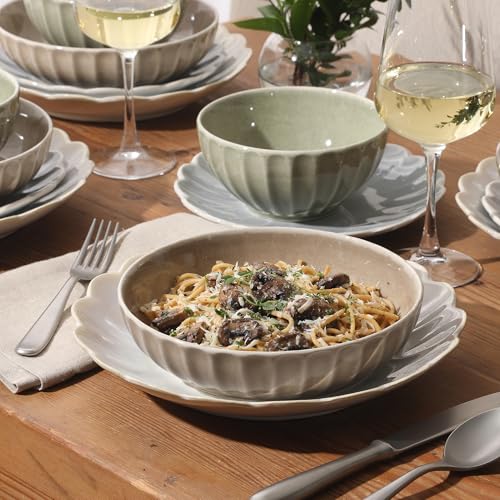 Image of Gibson Elite Malibu Shore 16 Piece Scallop Stoneware Reactive Glaze (Service for 4) Ceramic Plates and Bowls Dinnerware Set - Assorted Color (Shiny Cream White, Blue, Cream, Terracotta)