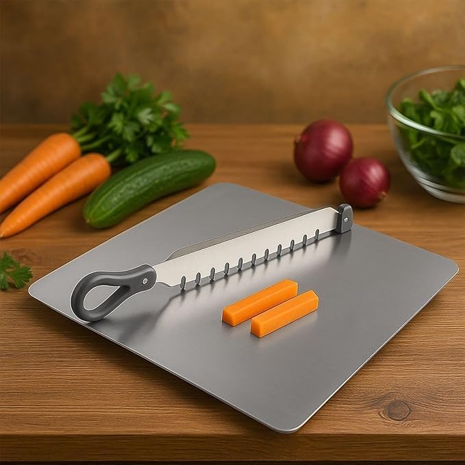 Image of Cut N CHOP Stainless Steel Kitchen Cutter & Chopping Board - Multipurpose 2-in-1 Knife and Cutting Board Tool for Fast, Safe & Effortless Chopping, Slicing and Dicing