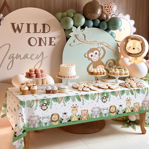 3Pieces Jungle Safari Tablecloths Animal Print Table Cover, Wild One Baby Shower Decorations Zoo Birthday Party Supplies for Boys Kids Plastic Table Cloth 108×54 Inch