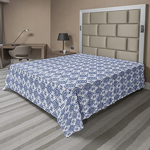 Ambesonne FLAT_PARENT_NEWCOLOR_FBA_11 Blue And White Flat Sheet, Abstract Tie Dye Effect Ikat Shibori Pattern In Bohemian Fashion, Soft And Comfortable Top Sheet Decorative Bedding 1 Piece cover