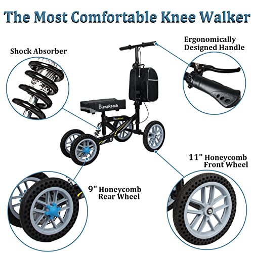 Blessreach Knee Scooter, All Terrain Foldable Knee Scooter Walker, Disc Brake Knee Walker For Foot Injuries Compact Crutches Alternative (Black) #TOP1