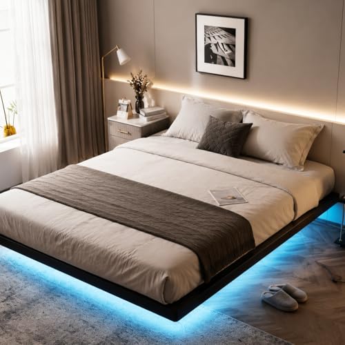 VINGLI Floating Bed Frame Queen with USB Charging Station/LED Lights, 14'' Platform Bed Frame Heavy Duty Metal Bed Queen Size for Kids Teens & Adults, No Box Spring Needed,Black