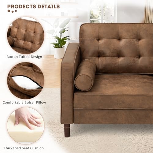 Image of 84 inch Suede Leather Modern Sofa with Bolster Pillows, Upholstered 3 Seats Sofa with Well-Filled Backrest, Comfy Tufted Couch with Sturdy Legs for Living Room, Office, Bedroom, Brown