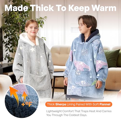 Image of Giggling Getup Glow in The Dark Wearable Blanket Hoodie for Girls and Boys Warm Cozy Sherpa Fleece Hooded Blanket Sweatshirt Oversized Hoodie with Giant Pocket & Sleeves for Kids Blue Dinosaur Glow