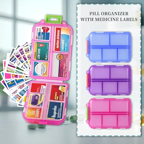 Image of 3 Pack Pill Organizers with Medicine Labels, Pink Blue Purple | 3 compact pill cases with 3x161 medicine labels for 7-day planning, vitamins, travel, family use, and separate routines