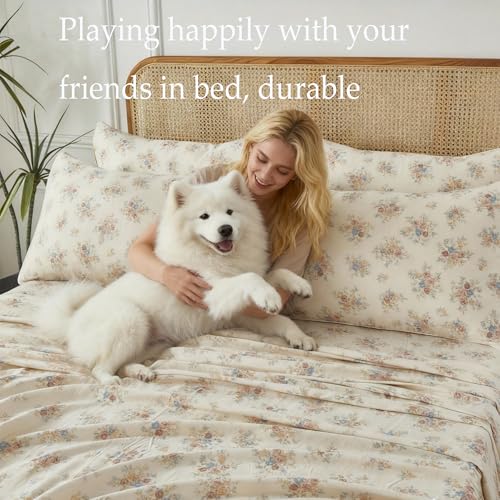 Image of FADFAY Queen Sheet Set 100% Double Gauze Cotton 4Pcs - Breathable & Cooling Muslin Sheets-Soft Cream Floral Bed Sheets for Hot Sleepers, All-Season Comfort