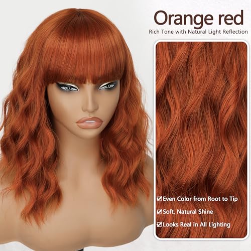 Image of Nnzes Short Orange red Wavy Wig with Bangs for Women Shoulder Length Bob Curly Women's Charming Synthetic Wigs with Natural Wavy Wig Heat Resistant Hair for Daily Party Use