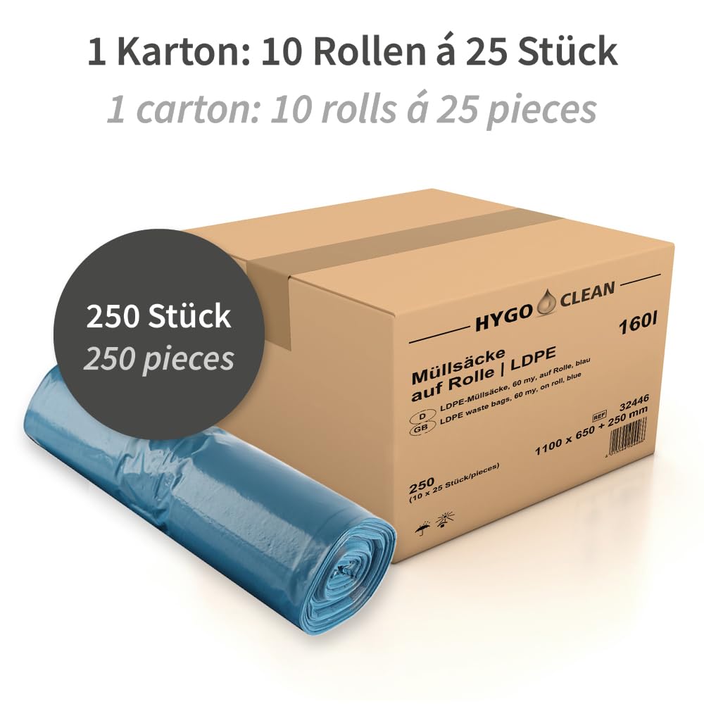 250 Stück Müllsäcke, FRANZ MENSCH, 160l, blau, LDPE, 60my, reißfest | Abfallsack, Müllbeutel, Mülltüten, auf Rolle, 110x65cm, für Gewerbe, Entsorgung, Lager, Haushalt, Hygienebereich