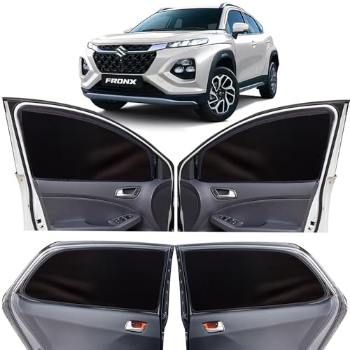 Image of OTO2EYE Car Sun Shade Compatible for Maruti Suzuki Fronx Model 2023 to 2024, Z-Black Super Magnetic Grip, Front Window Zipper, Side Window Curtains, 4 Pieces Set