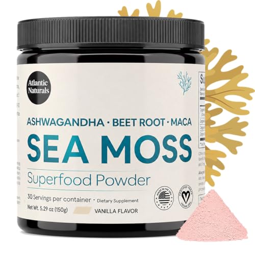 Atlantic Naturals Superfood Organic Sea Moss Powder Blend with Ashwagandha, Maca Root & Beet Root | Ideal for Healthy Skin, Positive Mood & Energy | Vanilla Flavor (150g)