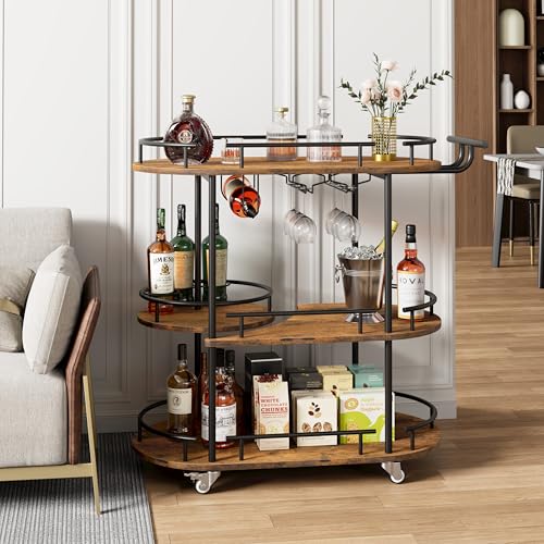 GarveeHome 3-Tier Bar Cart on Wheels, Mobile Serving Cart with Wine Rack and Glass Holder, Metal Kitchen Utility Cart for Coffee Station, Mini Home Ba
