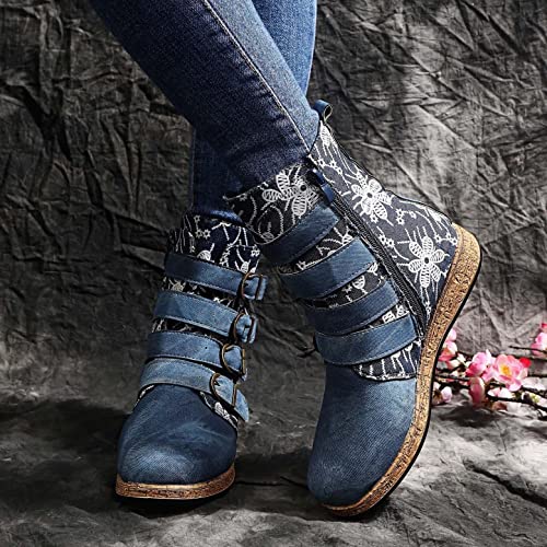 Hbeylia Women's Boots Boho Ethnic Vintage Denim Flower Design Round Toe Hidden Heels Wedge Low Heels Ankle Booties Bohemian Casual Winter Fall Dress Short Boots For Women Travel3