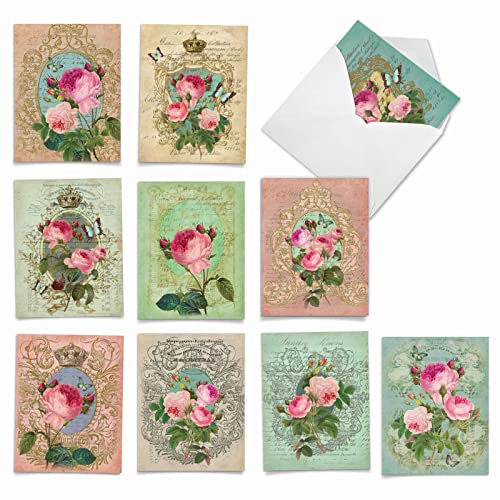 The Best Card Company - 10 Boxed Note Cards with Flowers - Blank Assorted Floral Notecards Bulk (4 x 5.12 Inch) - Romance and Roses M2379OCB