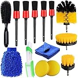 KIT DE LIMPIEZA DE COCHE PROFESIONAL COMPLETO: Su kit de lavado y cera de coche contiene todos los consumibles y herramientas, 5 cepillos de detalles en diferentes tamaños, 3 accesorios de cepillo de taladro, 1 cepillo de rueda de automóvil, 1 cepillo de aire acondicionado de automóvil, 2 almohadillas de esponja para pulir automóviles, 1 automóvil de microfibra guante de lavado, 1 paño de microfibra para automóvil para mantener su automóvil en plena forma.