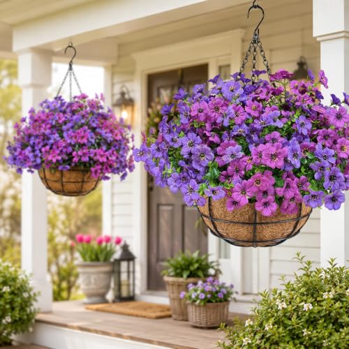 Image of 2 Set Outdoor Artificial Hanging Flower Baskets with Coco Liners, Purple