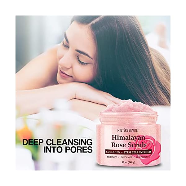 Mystere-Beaute-Himalayan-Salt-Body-Scrub-Infused-with-Collagen-and-Stem-Cell-Exfoliating-Salt-Scrub-with-Rose-and-Mica-Deep-Cleansing-Scrub-for-Acne-Scars-Wrinkles-Exfoliates-and-Moisturizes-Skin-12-o MYSTÃRE BEAUTÃ Himalayan Salt Body Scrub 12 oz - with Collagen and Stem Cells - Exfoliating Salt Scrub for Cellulite - Deep Cleansing for Acne, Scars, Wrinkles - Moisturizes Skin