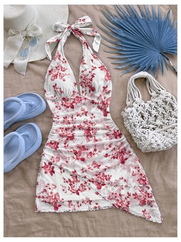 Image of BEAUDRM Women's Summer Mini Dress Halter Backless Vacation Beach Sundresses | Boho Dress, Floral Dress for Women, Vacation Beach Outfits, Going Out Dress, Brunch Outfits