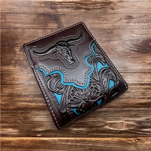 Urbalabs Mens Wallet Floral Longhorn Embossed Cowboy Western Leather Wallet High End Cut Out Layered Leather Style Mens Wallets Leather Bull Rider Rodeo Gifts For Men (Coffee & Teal)2