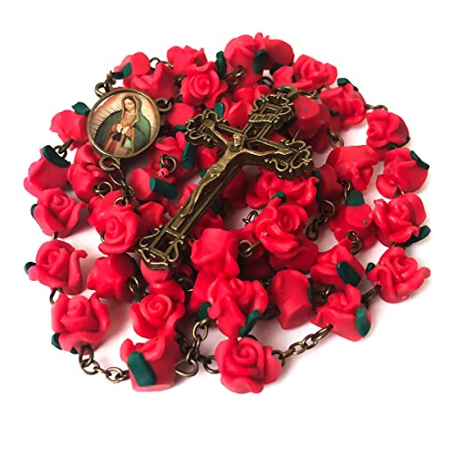 Our Lady of Guadalupe Red Rose Garden Rosary - Rosary Beads Catholic for Women - Catholic Gift - Antique Bronze Crucifix